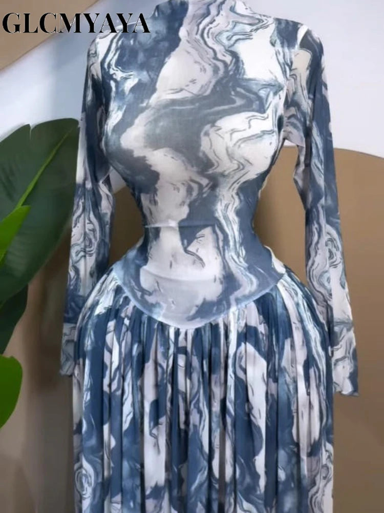 Women leaf Print patchwork smock Midi A-line Long Maxi Elegant Evening Dresses