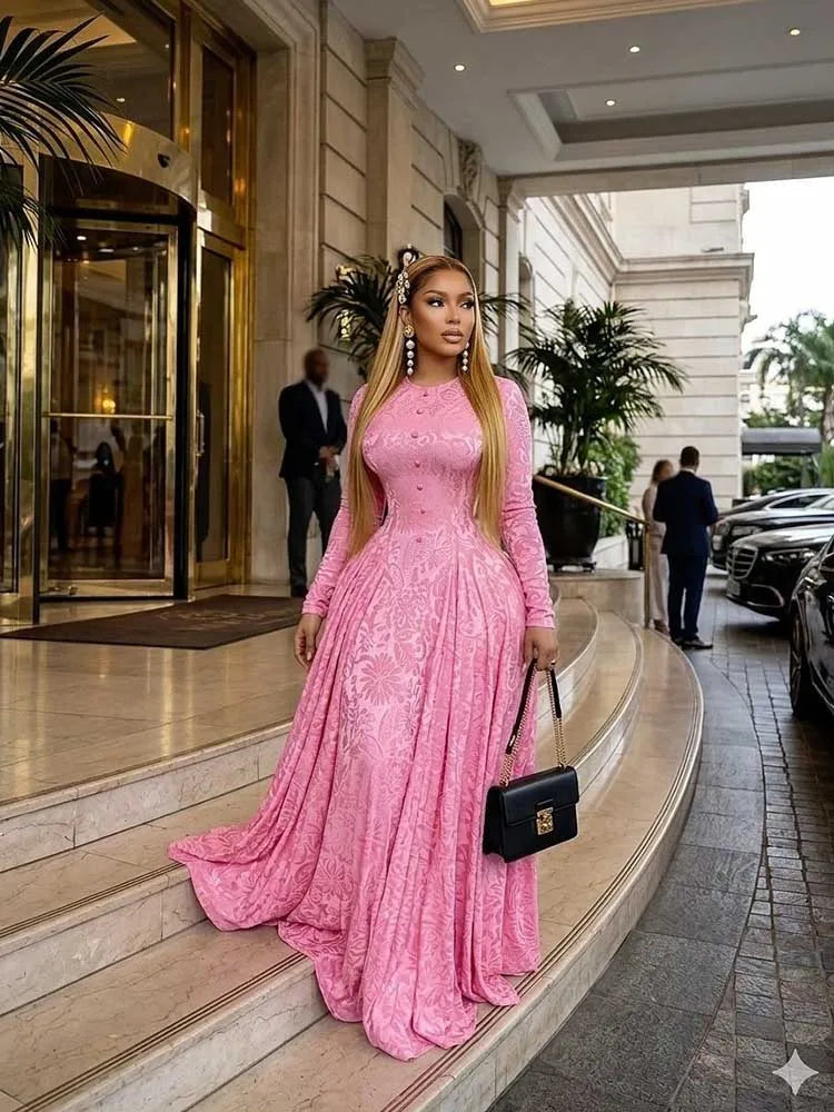 Elegant Luxury Women High Waist Slim Dress Long Sleeves Maxi Evening Dress