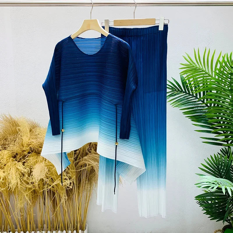 Miyake Fold Suit for Women 2024 Spring Summer Loose Foreign Style Two-piece Fashion Meat Shield Wide-leg Pants Two-piece Set