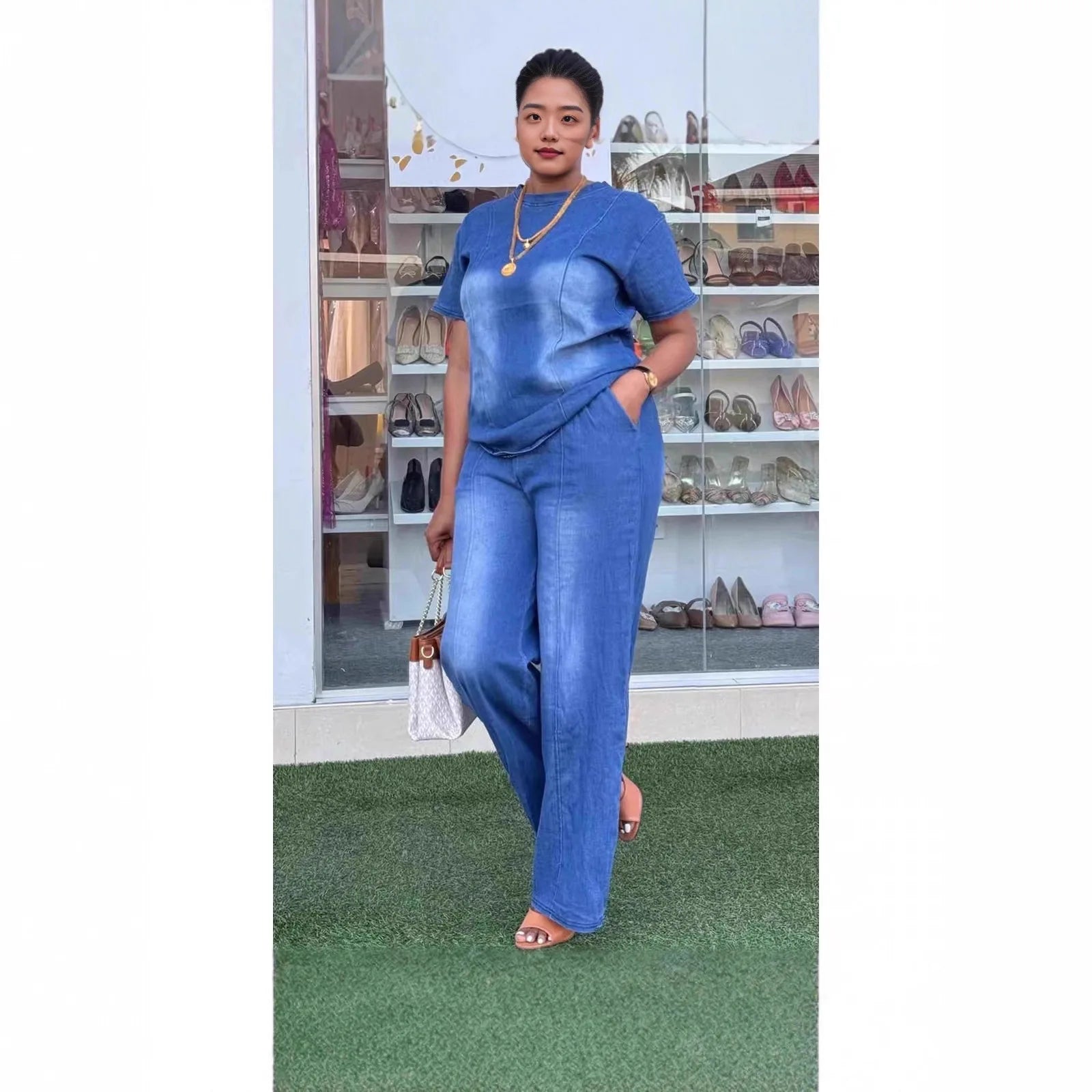 Women's Denim 2-Piece Set | Wide Leg Pants & Short Sleeve Top Streetwear | HotTrendyPicks