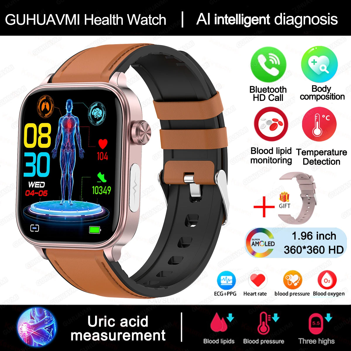 2025 AI Health Smartwatch | ECG+PPG Blood Lipids Uric Acid Body Composition | Men