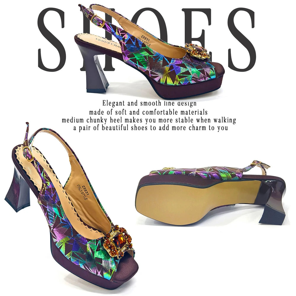 Elegant Women Heels for Peep Toe Good Material Design Rhinestone Fuchsia Sandals Italian Shoes and Bags