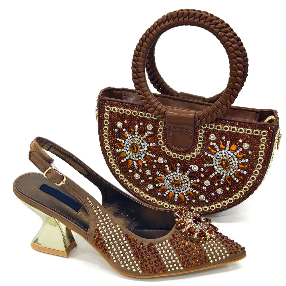 Italian Fashion Rhinestone Women Sanada Shoes And Bag Set Summer Style Woman Pumps Shoes And Bag Matching Set For Party