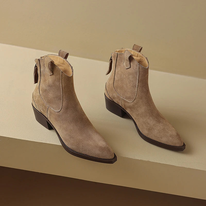 New 2025 Trend Autumn Cow Suede Women Western Boots Black Brown Khaki Chocolate Green Burgundy Pointed Toe Ladies Ankle Boots