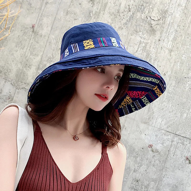 Hat Women's Summer Big Edge Double-Sided Sunshade Bucket Hat Korean Version Versatile Ethnic Style Travel Sun Protection Cap