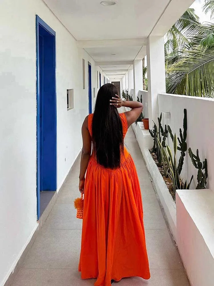 Women's Hollow Out Knitted Maxi Beautiful Orange Elegant Party Dress