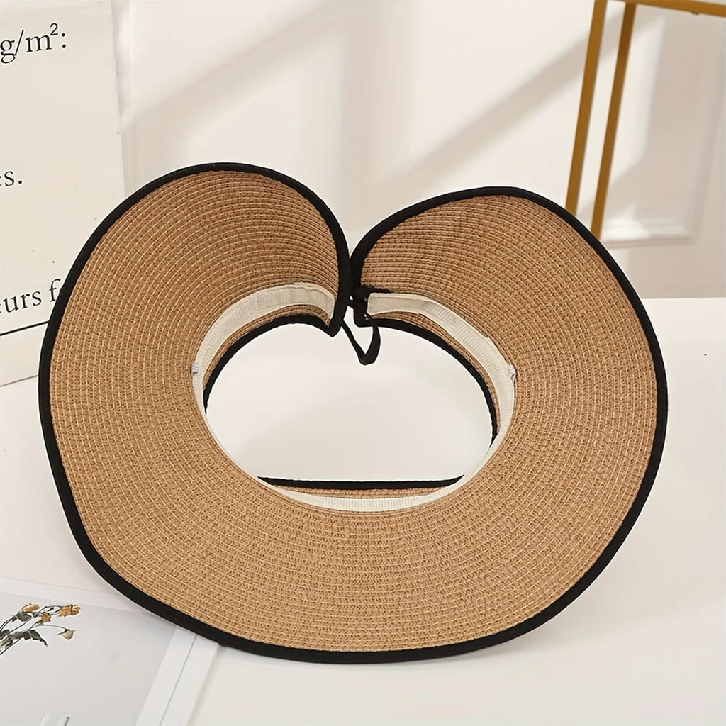 Summer Beach Sun Hat For Women Portable Folding Wide Brimmed Straw Hat Fashion Bow Shaped Hollow Top Straw Hat Girls Bucket Hats