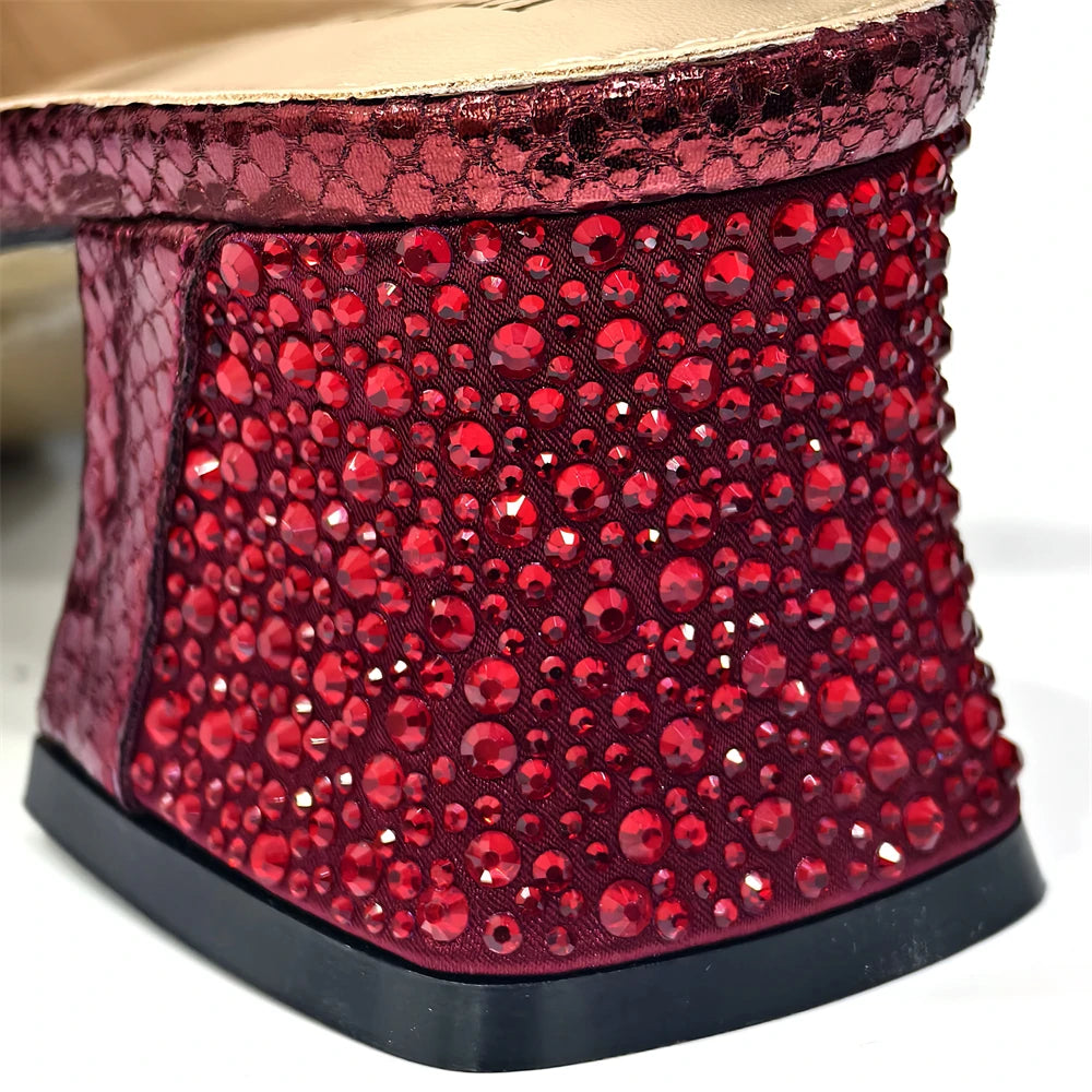 Elegant Women's Peep-Toe Heels and Matching Wine Color Diamond Pumps Set - Stylish Italian Shoes and Bags for Parties