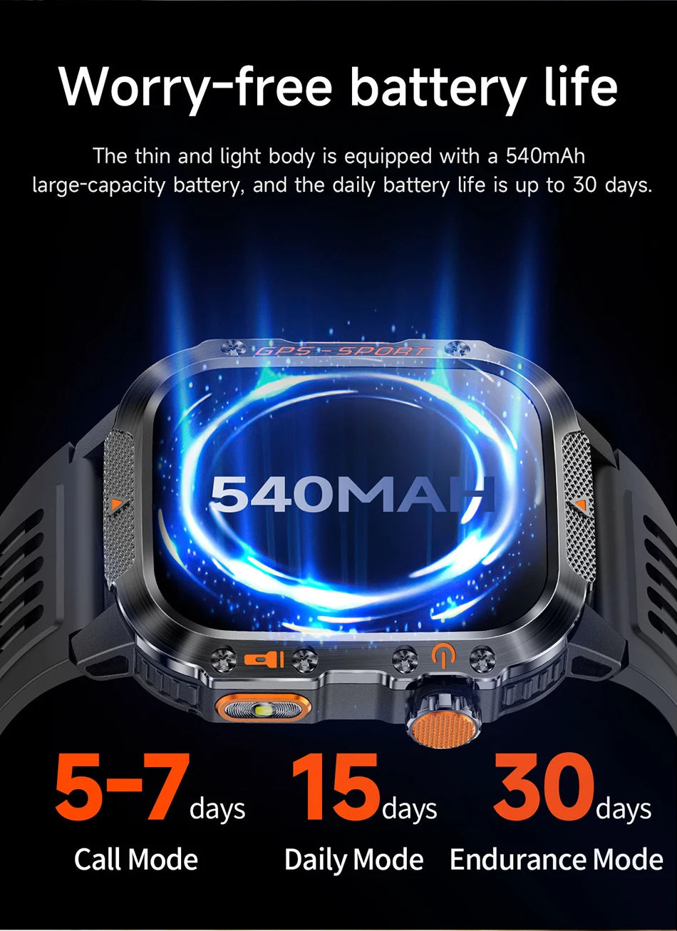 Military GPS Smartwatch Men | 2.01" AMOLED Flashlight Bluetooth 3ATM Waterproof
