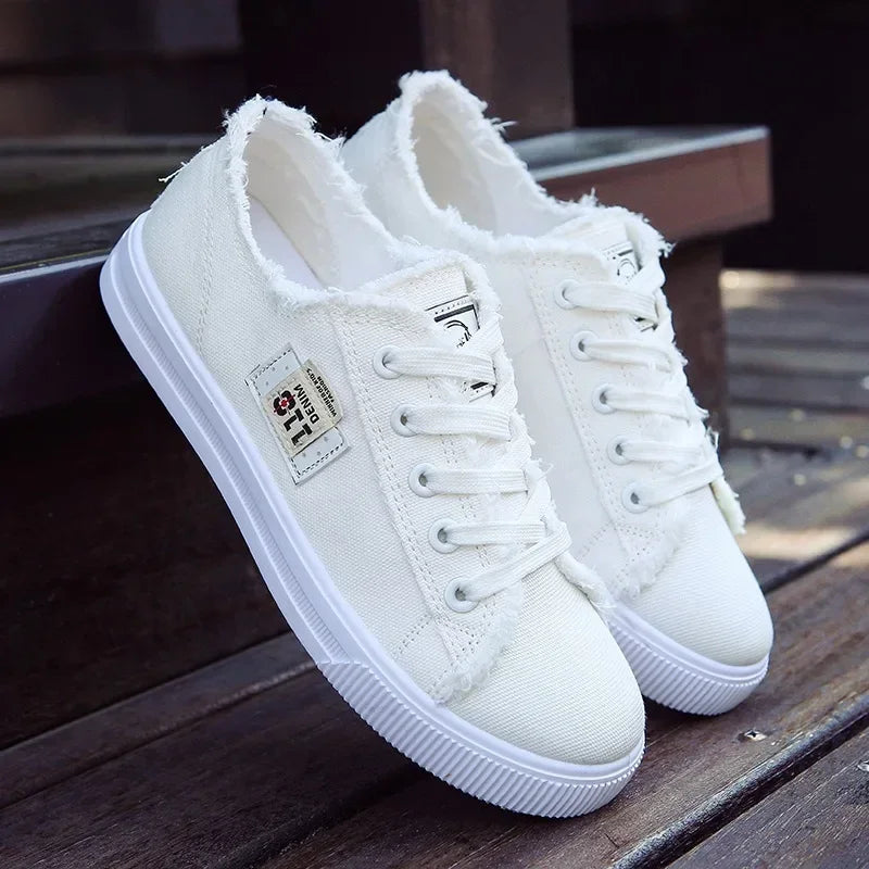 Women's Denim Canvas Sneakers | Low Top Lace-Up Flat Board Shoes | HotTrendyPicks