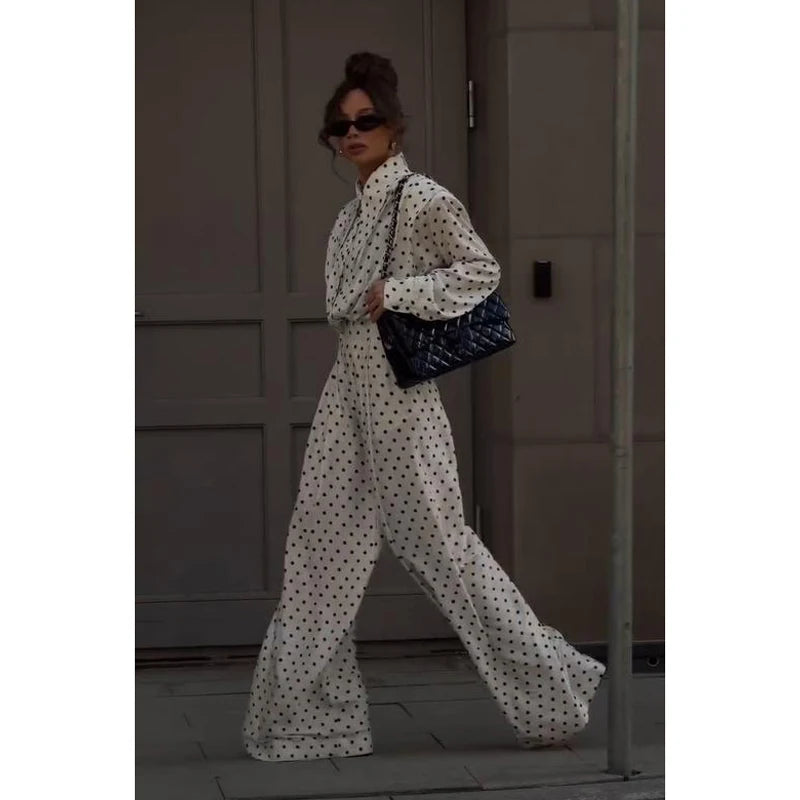 Polka Dot Skirt 2 Piece Set Women Casual High Collar Tie Full Sleeves Elastic High Waist Long Skirt Suit Lady Daily Outfit New