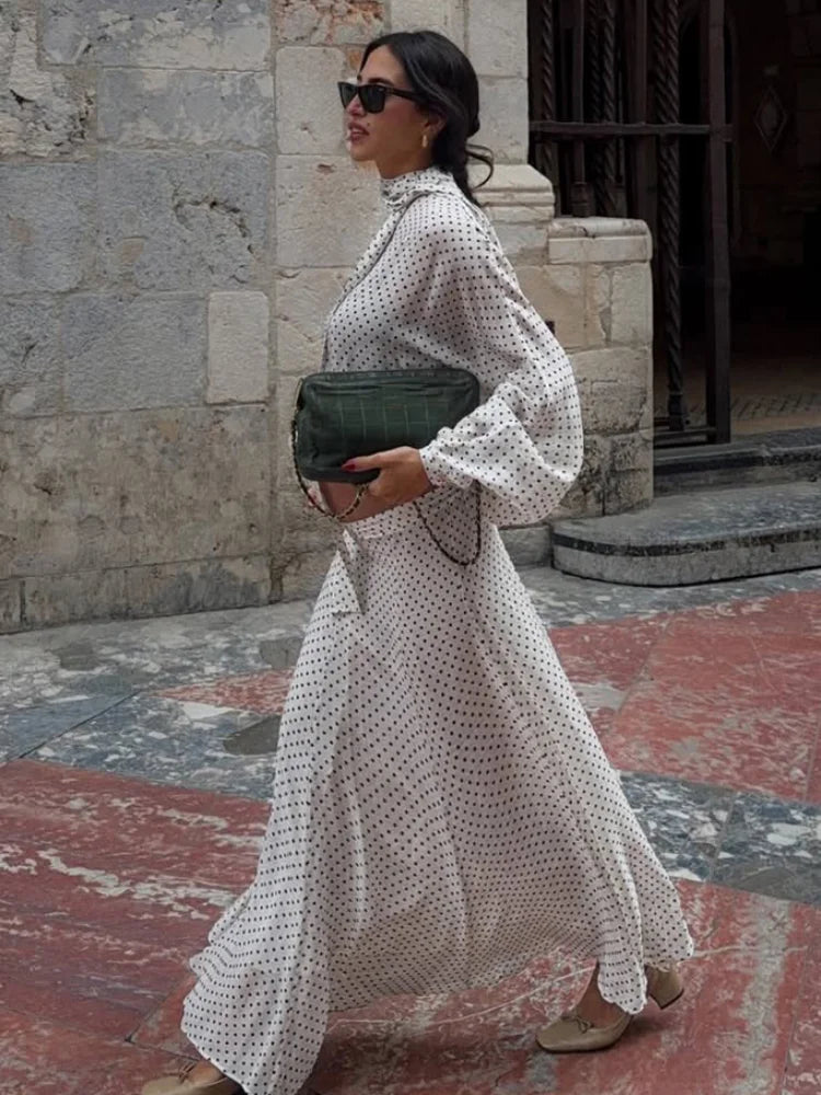 Polka Dot Skirt 2 Piece Set Women Casual High Collar Tie Full Sleeves Elastic High Waist Long Skirt Suit Lady Daily Outfit New