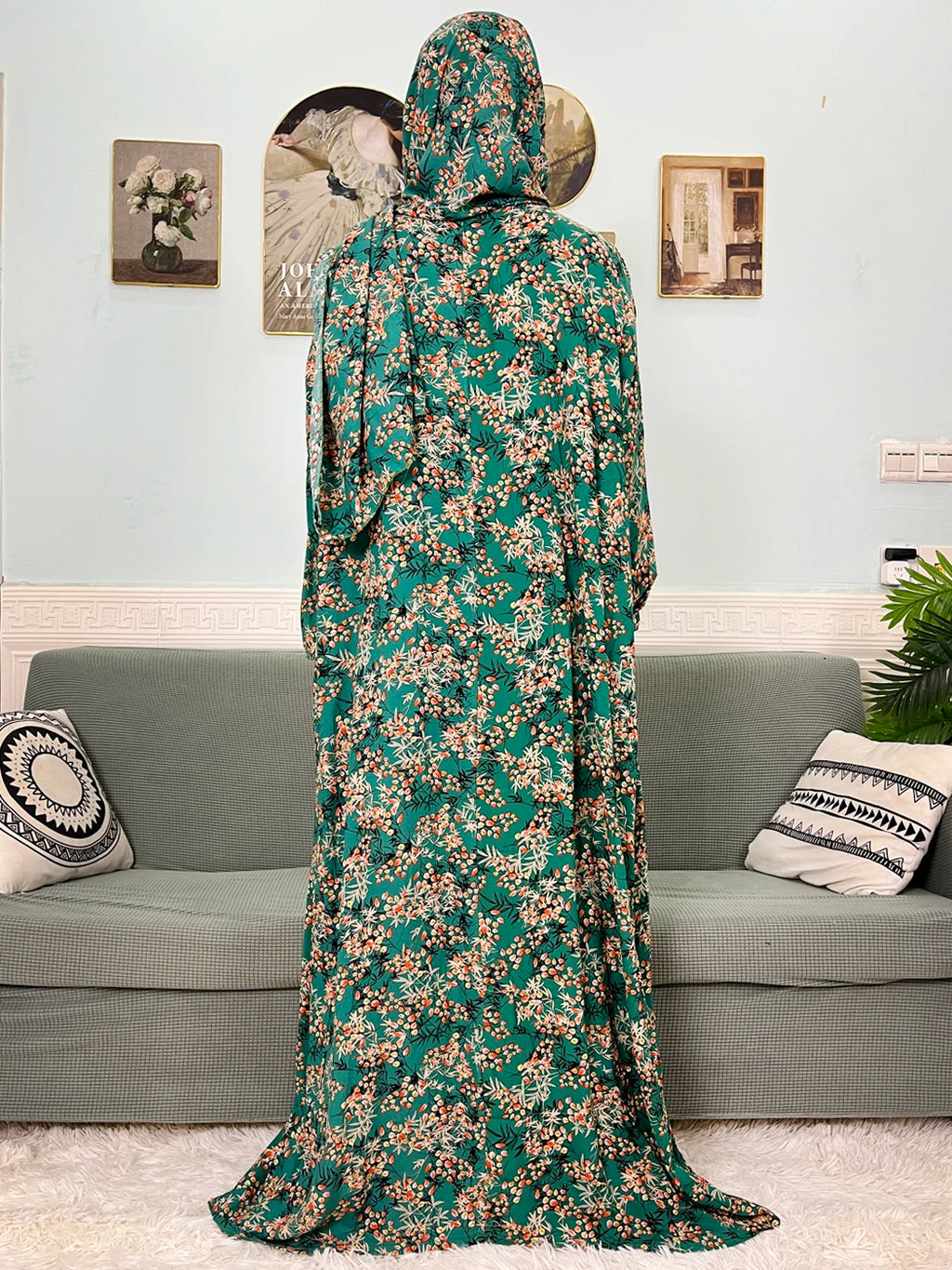 Women's Traditional Floral Ramadan Muslim Cotton Abayas Garment with attached Headscarf