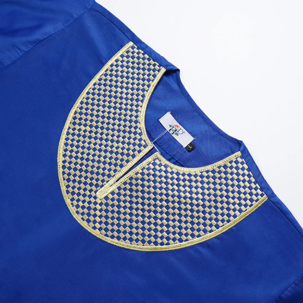 African Clothes for Men 2 Pieces Set Blue Embroidered Tops and Pants Traditional Clothing Rich Bazin