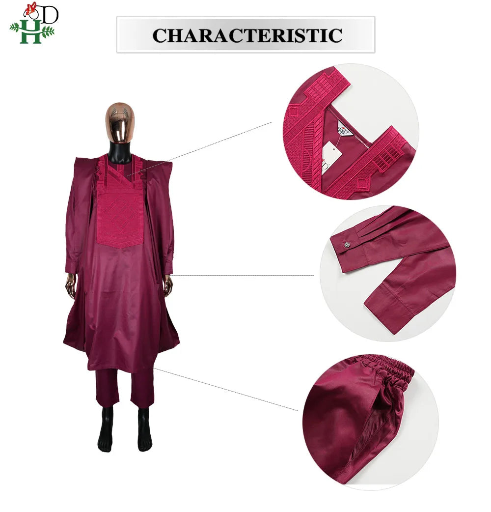 African Dresses For Couple Burgundy Traditional Men 3PCS Embroidered Outfit Set Sequin Floral Mermaid Robe Wedding Party Dress