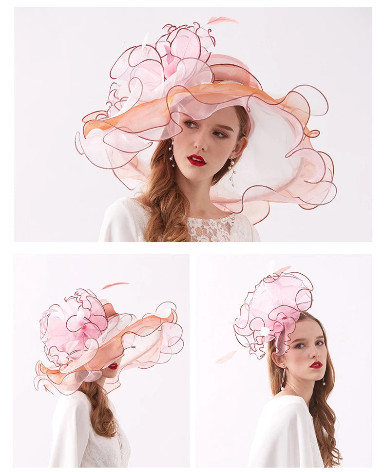 Women's Elegant Fascinators Large Wide Brim Church Hat With Big Flower