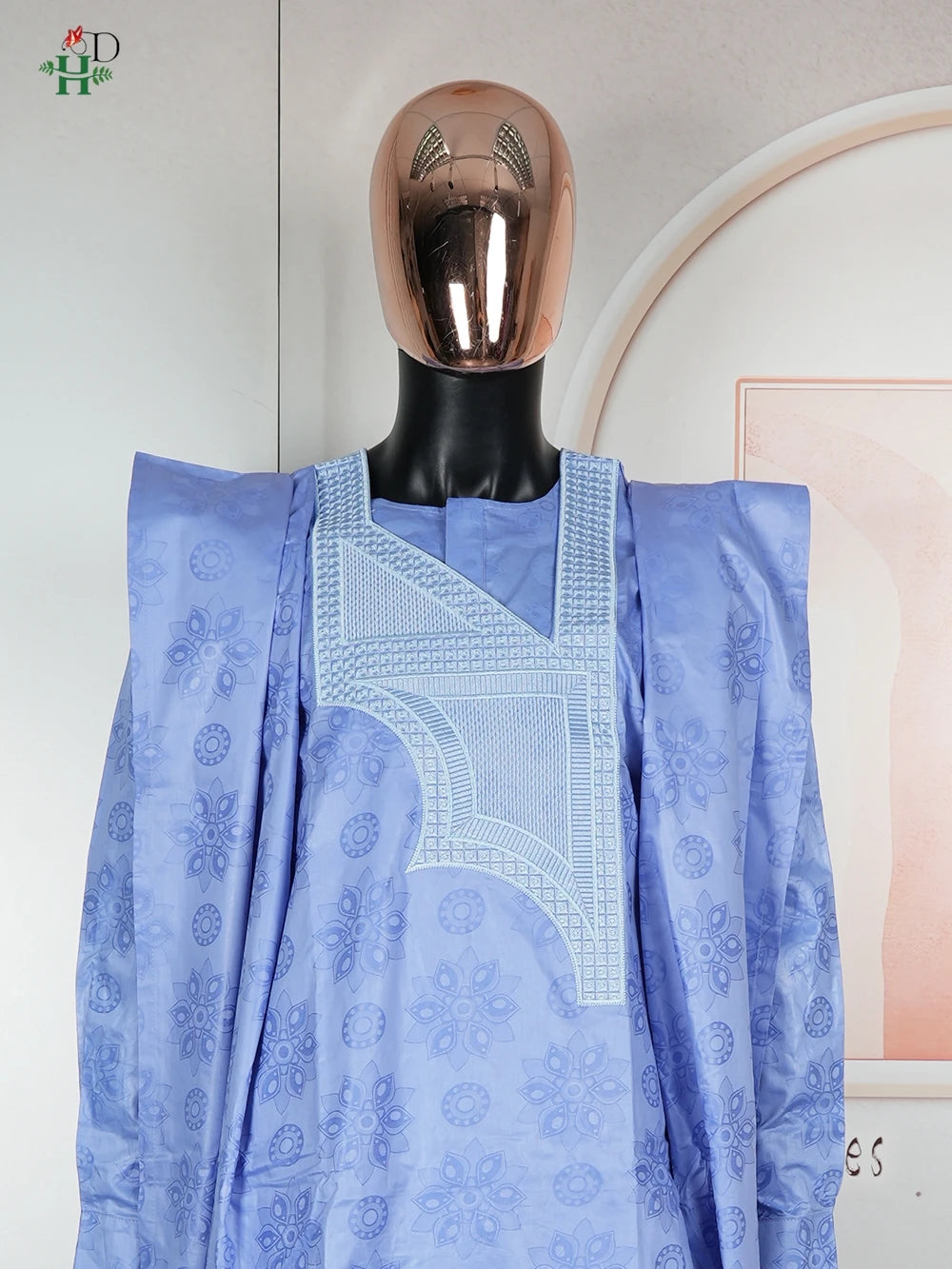 African Embroidery Blue Gown  Men Elegant Thobe 3 PC Top and Pants Suits Set
