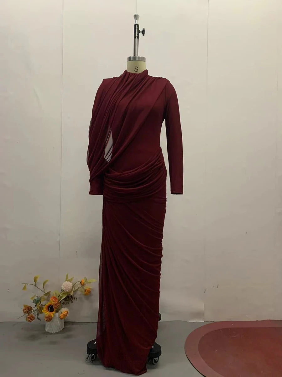 Women's Elegant Vintage Spliced Ribbon Turtleneck Long Sleeve Evening Maxi Dress