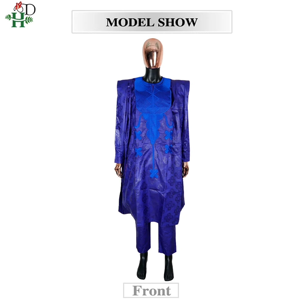 Men's African Traditional 3PCS Outfit  Blue Bazin Riche Agbada Embroidered Robe