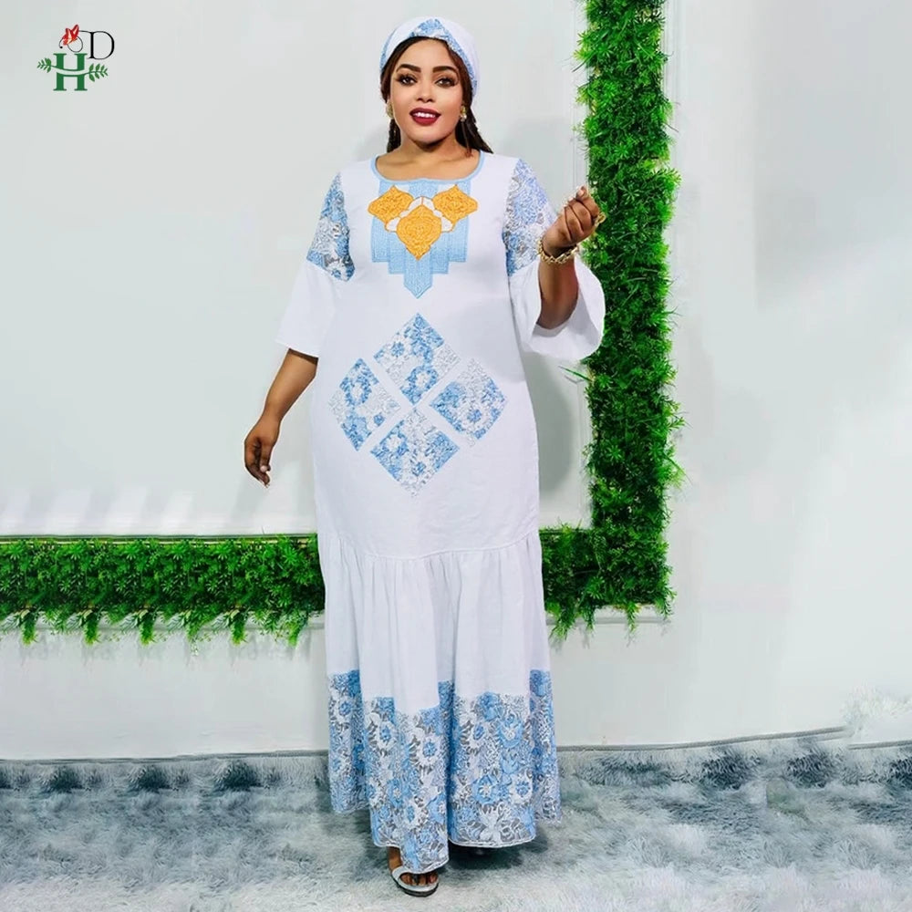 White Bazin Riche African Dress | Luxury Embroidery Church & Wedding Gown | L–4XL