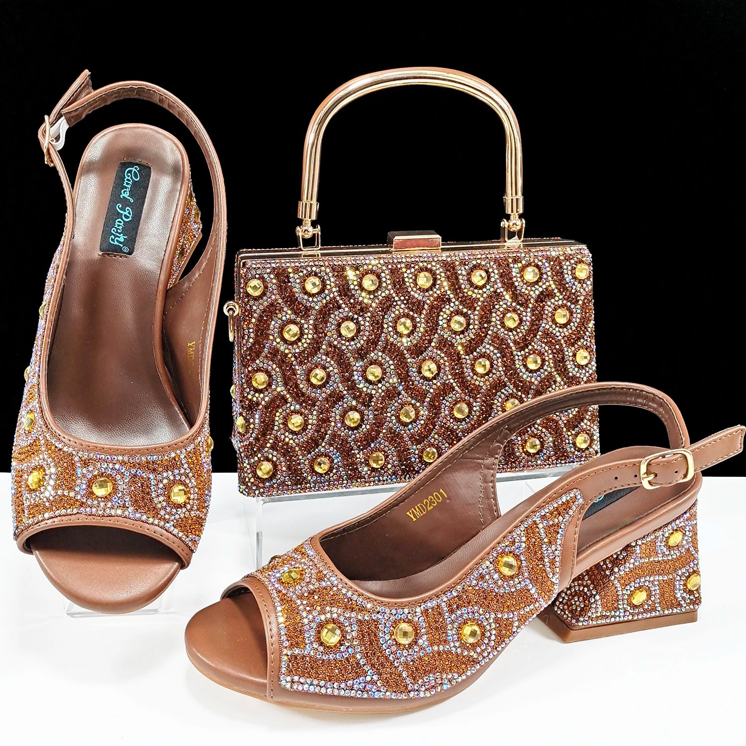 Women's Rhinestone Design Shoes and Bag Set Open Toe Comfortable Heels