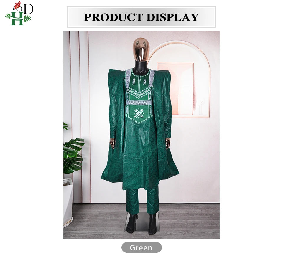 Men African Traditional Embroidery Wear Formal Attire Bazin Riche Dashiki Outfits Shirt Pants 3PCS Robe Suit African Ramadan
