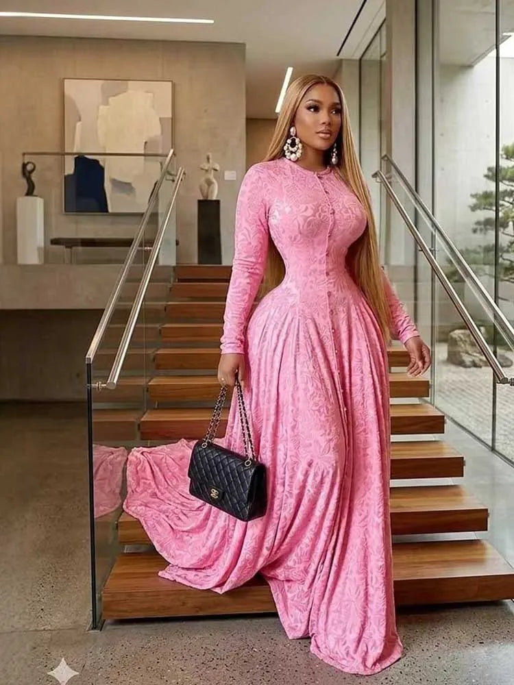 Elegant Luxury Women High Waist Slim Dress Long Sleeves Maxi Evening Dress