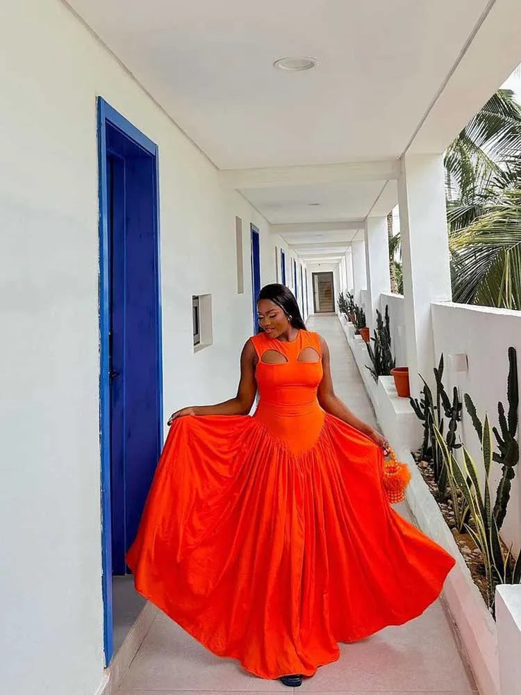 Women's Hollow Out Knitted Maxi Beautiful Orange Elegant Party Dress
