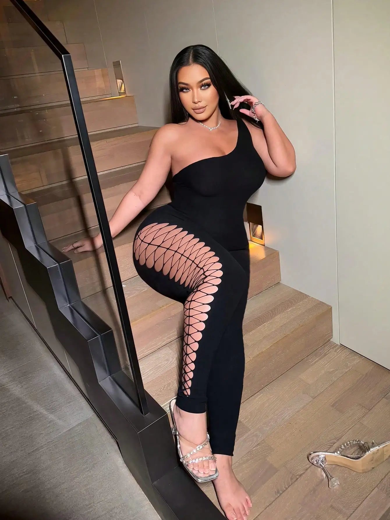 Women's Sexy One-Shoulder Black Jumpsuit with Fishnet Cutout Slim Fit Club Party Ankle-Length Polyester Nylon Blend