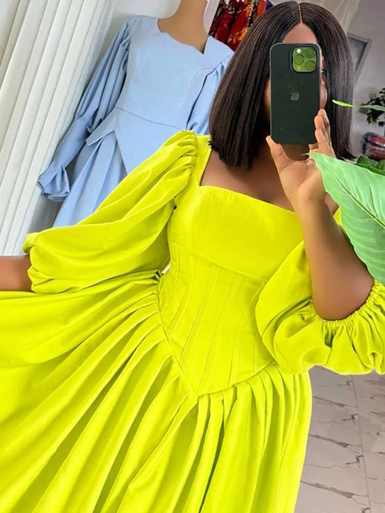 Women Ruched Sleeves Spring High Waist Elegant Slash Neck Long Sexy Green Dress