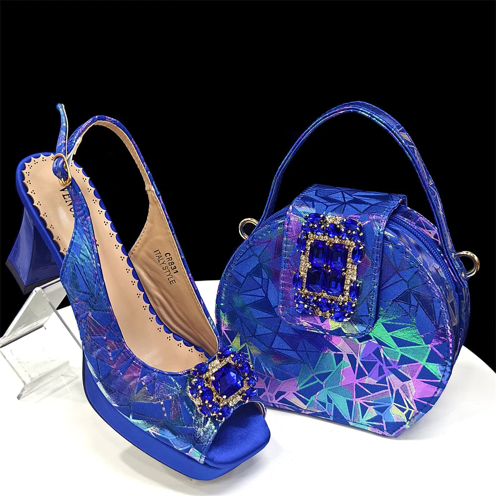 Elegant Women Heels for Peep Toe Good Material Design Rhinestone Fuchsia Sandals Italian Shoes and Bags