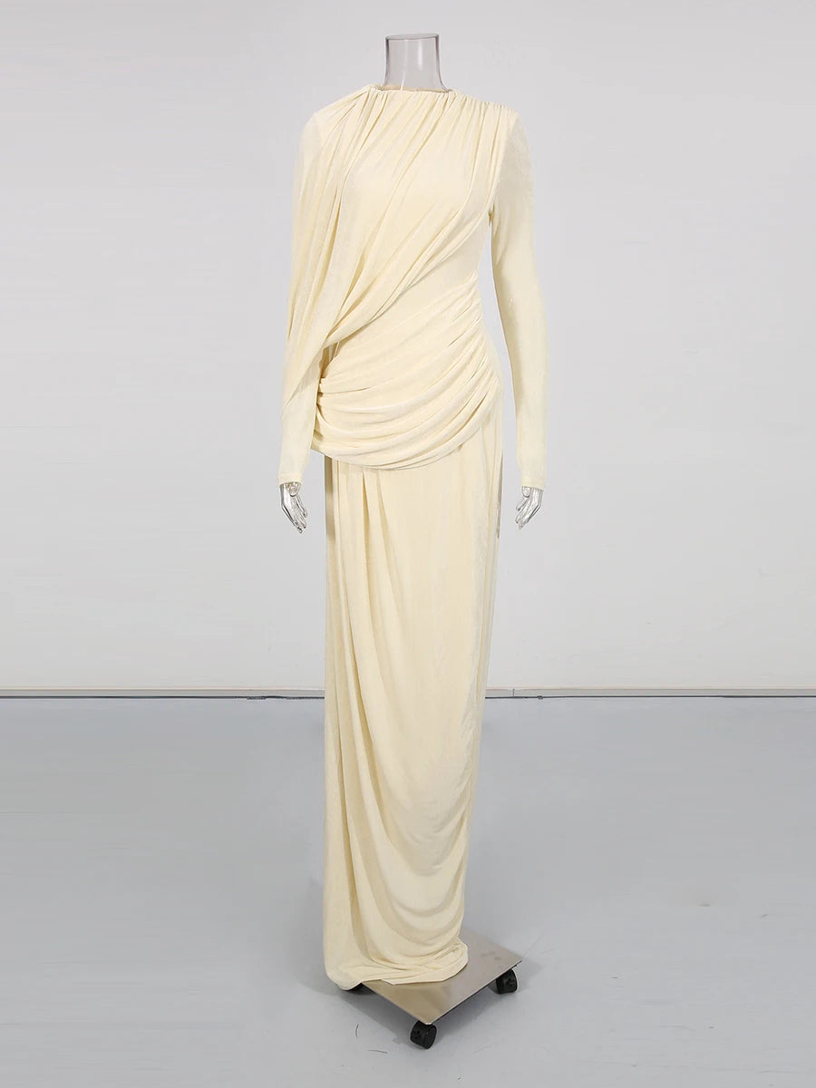 Spliced Folds Irregular Women Round Neck Long Sleeves Tunic Design Sense Long Dress