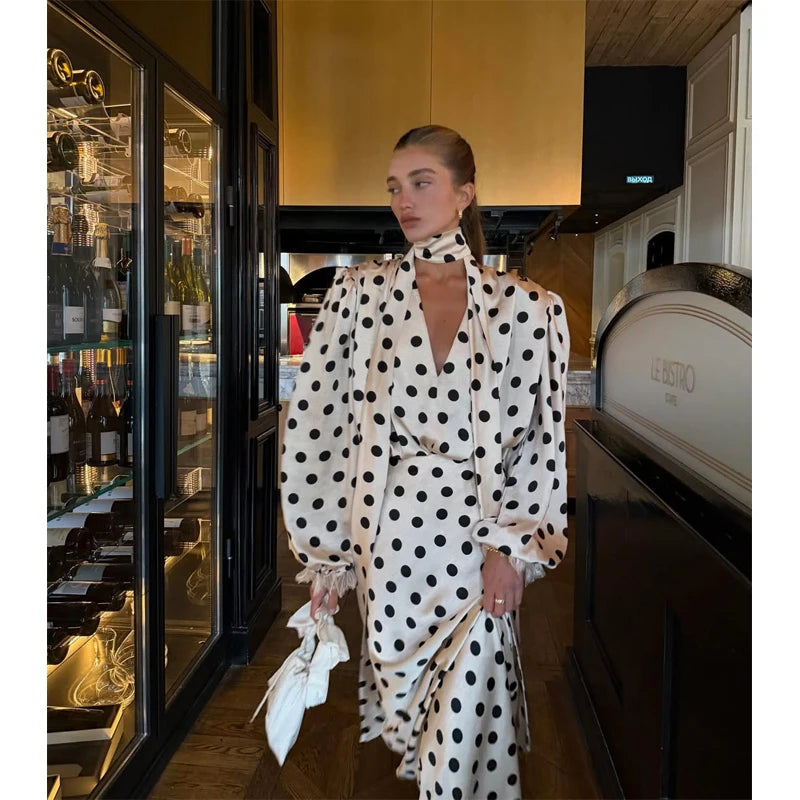 Polka Dot Skirt 2 Piece Set Women Casual High Collar Tie Full Sleeves Elastic High Waist Long Skirt Suit Lady Daily Outfit New