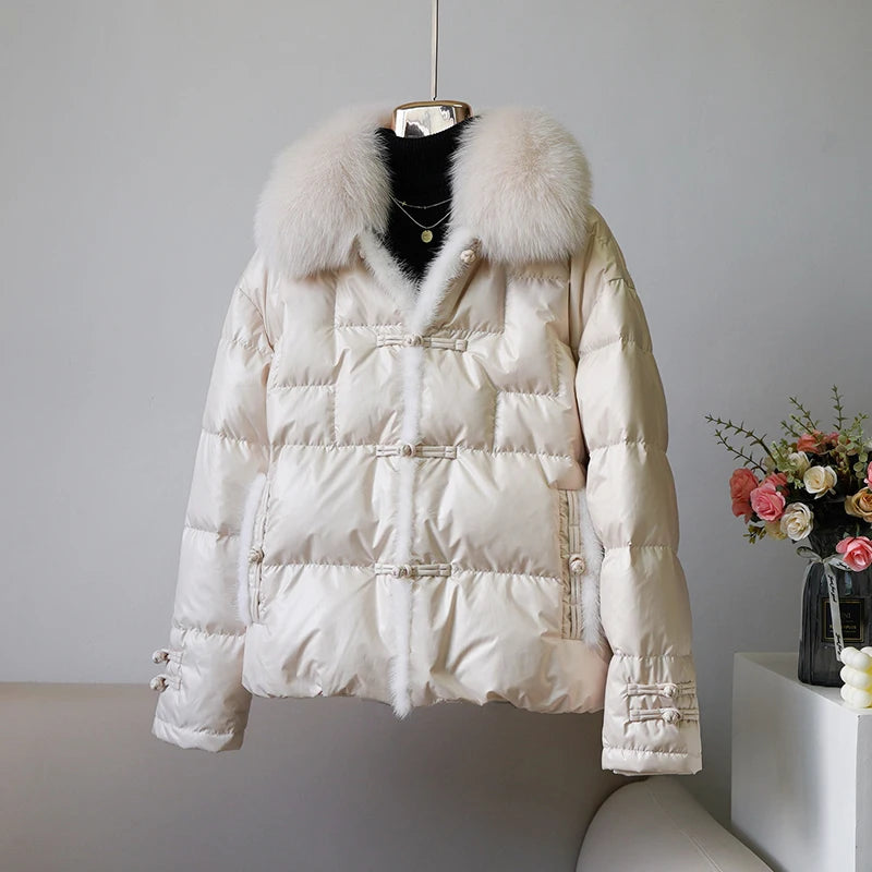Women's White Duck down Jacket 2025 Winter Collection Real Faux Fur Collar Hair Puffer Coat Vintage Street wear