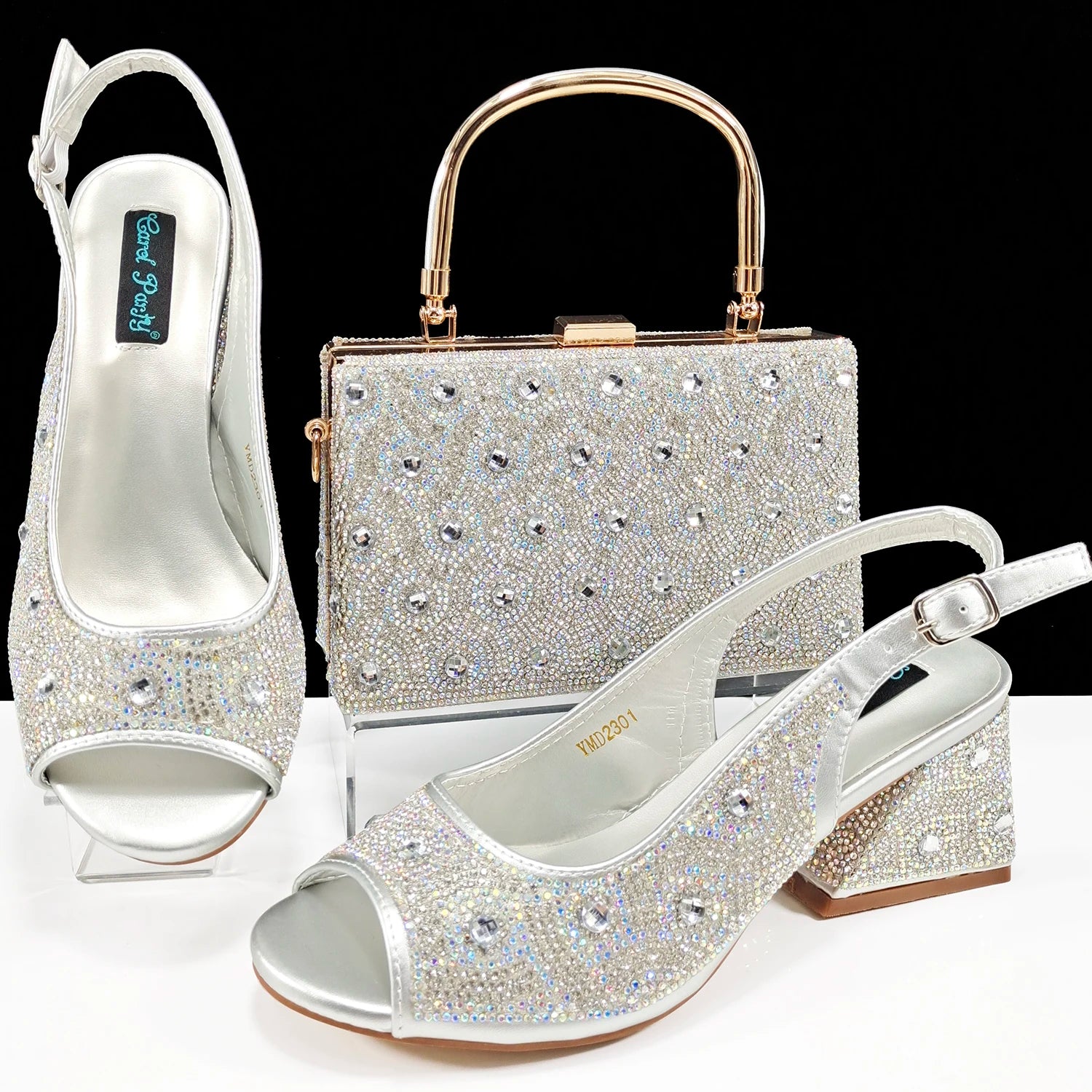 Women's Rhinestone Design Shoes and Bag Set Open Toe Comfortable Heels