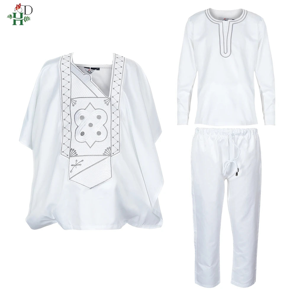 Boys White Blue Long Sleeve Tops Embroidery Dashiki Robe Shirt And Pant Set 3 PCS