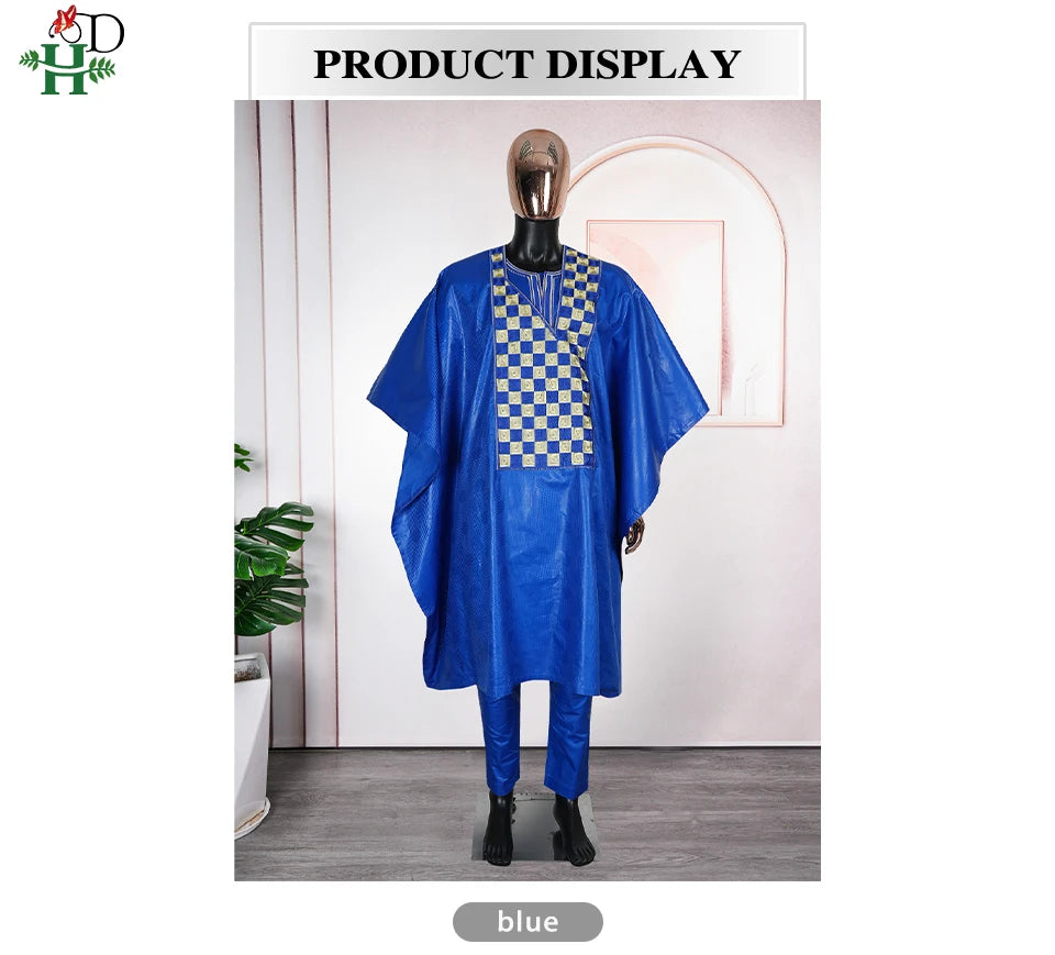 Men's African Agbada 3-Piece Set | Blue Bazin Riche Embroidery Shirt & Trousers | Wedding & Party