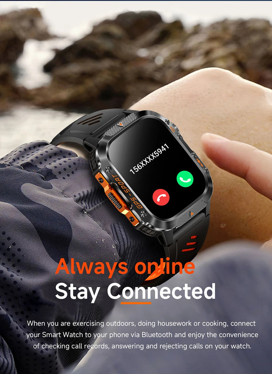 Military GPS Smartwatch Men | 2.01" AMOLED Flashlight Bluetooth 3ATM Waterproof