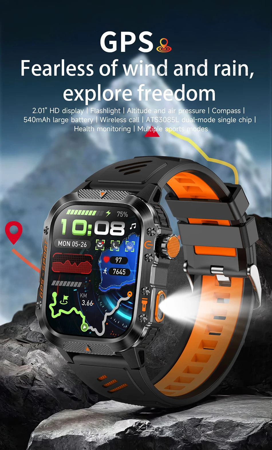 Military GPS Smartwatch Men | 2.01" AMOLED Flashlight Bluetooth 3ATM Waterproof