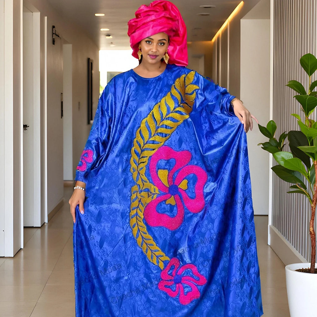 African Dashiki Dress For Woman Bazin Riche Embroidery Deisgn Long Dress With Scarf