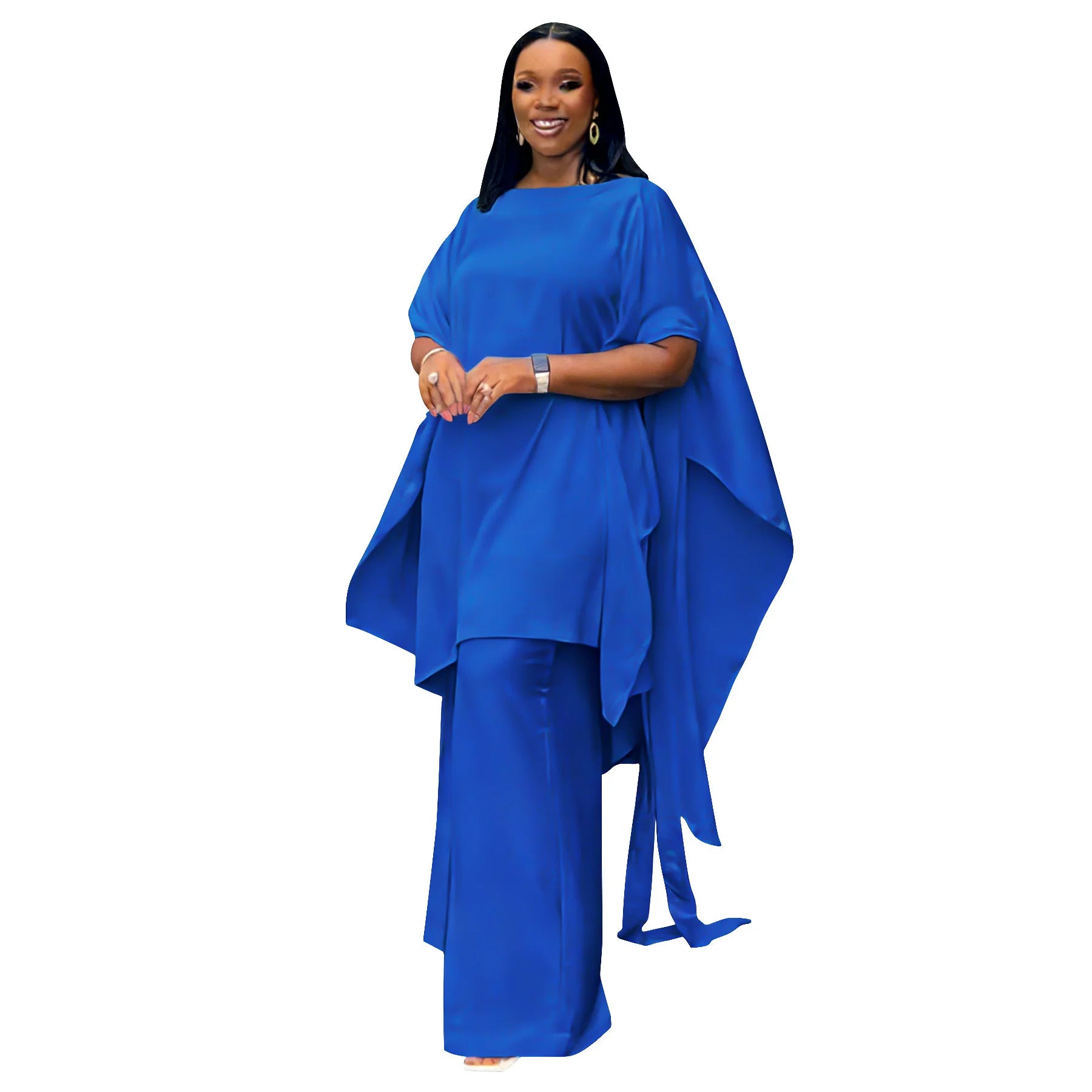 Plus Size Summer N8172 Silk Satin Set Design Shoulder Shawl Top Wide Leg Pants Outfit Elegant Street Style for Women Universa...