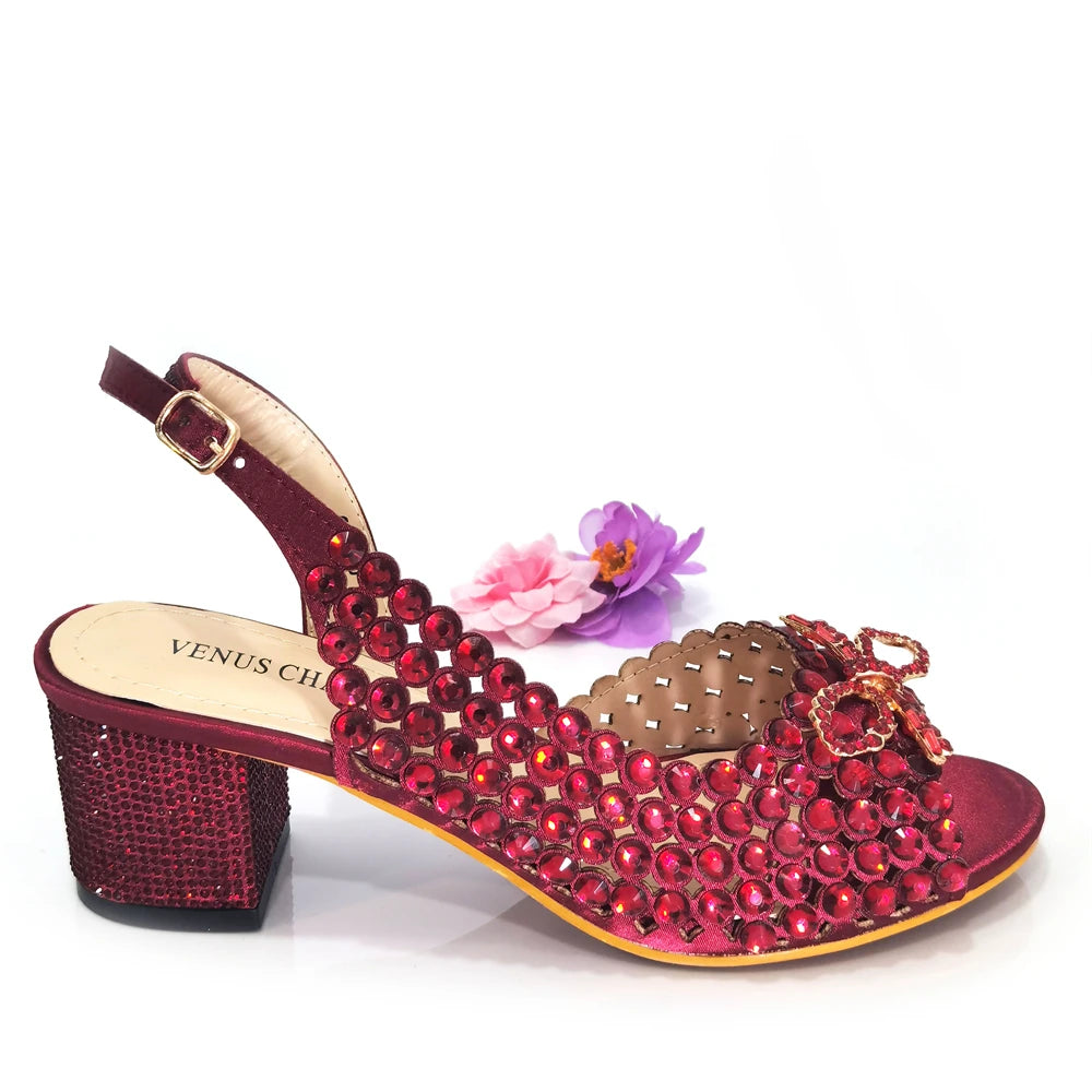 Italian Design Full Drill Elegant Wine Evening High Heels Wedding Party Shoes Matching Clutch Handbag