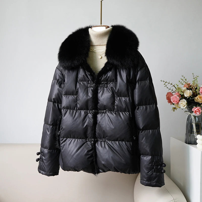 Women's White Duck down Jacket 2025 Winter Collection Real Faux Fur Collar Hair Puffer Coat Vintage Street wear