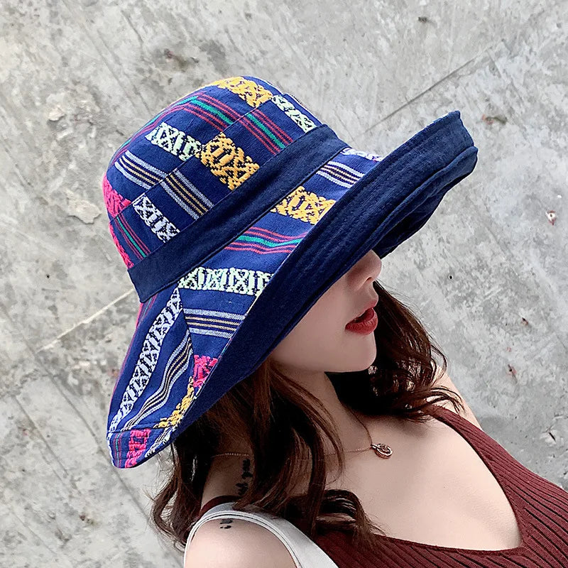 Hat Women's Summer Big Edge Double-Sided Sunshade Bucket Hat Korean Version Versatile Ethnic Style Travel Sun Protection Cap