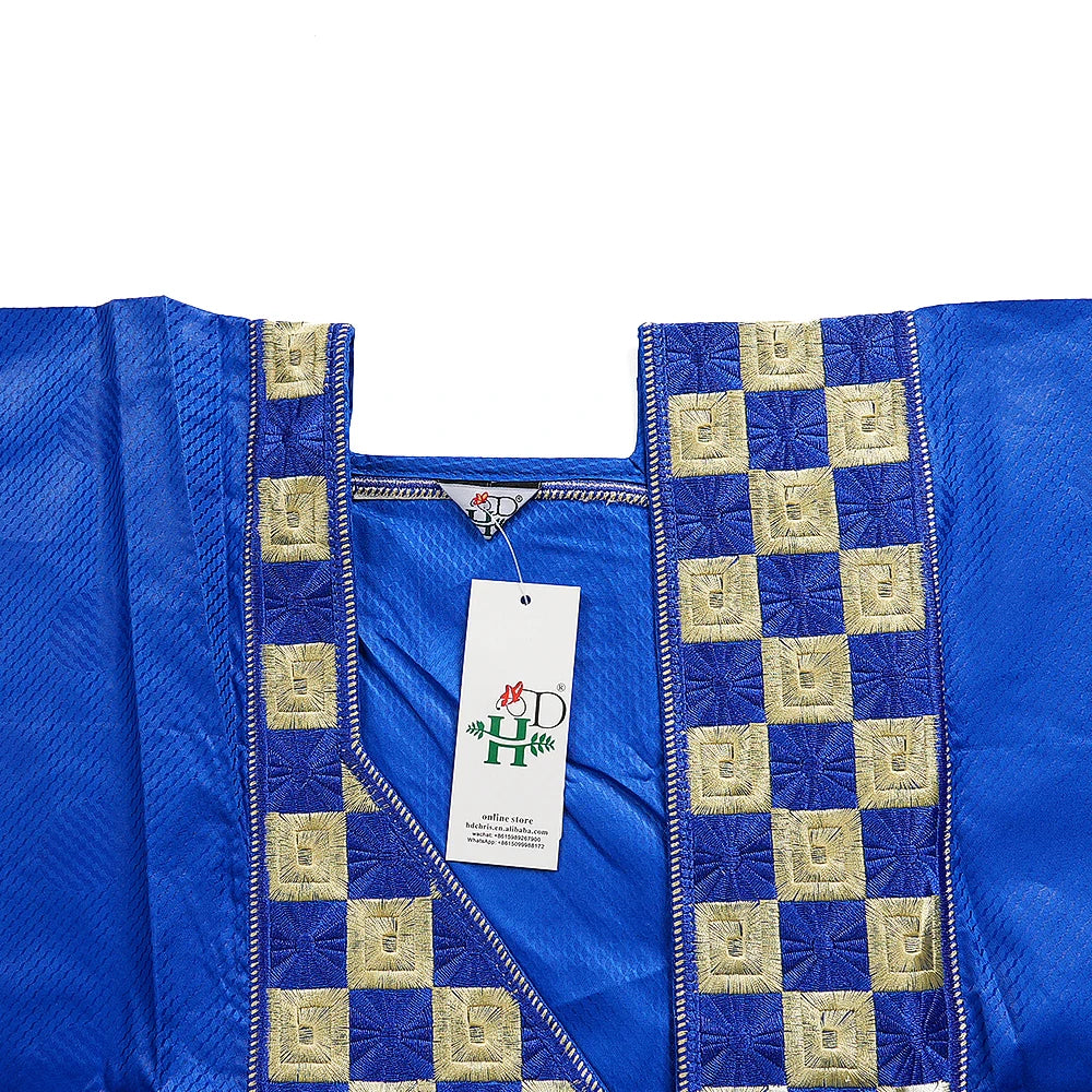 Men's African Agbada 3-Piece Set | Blue Bazin Riche Embroidery Shirt & Trousers | Wedding & Party