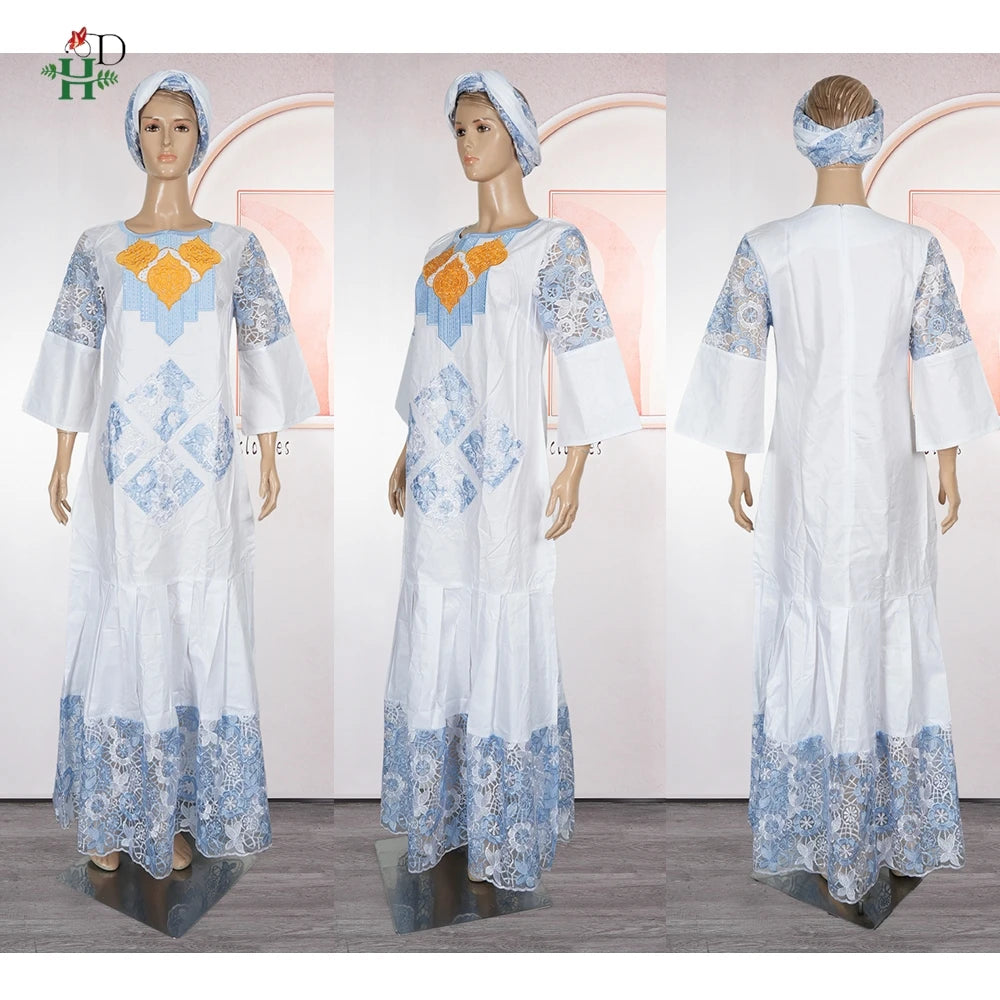 White Bazin Riche African Dress | Luxury Embroidery Church & Wedding Gown | L–4XL