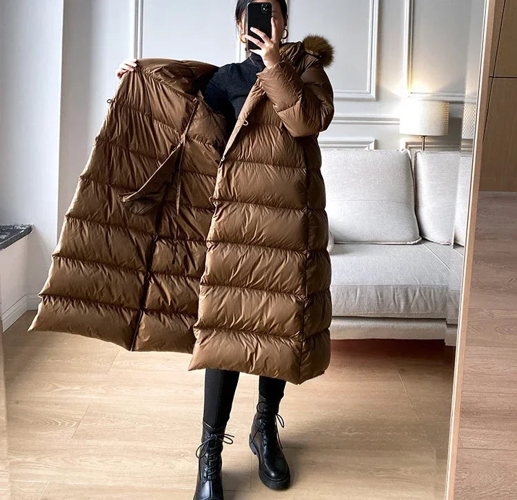 Winter Women's Ultra Light Warm Faux Fur Parka with Hooded Long Duck down Jacket White with Fur Collar Casual Snow Coat
