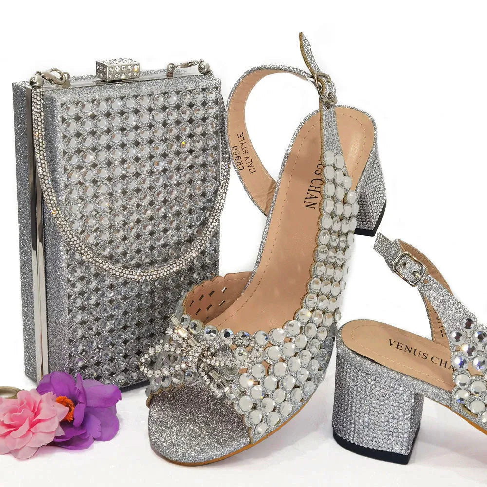 Italian Design Full Drill Elegant Wine Evening High Heels Wedding Party Shoes Matching Clutch Handbag