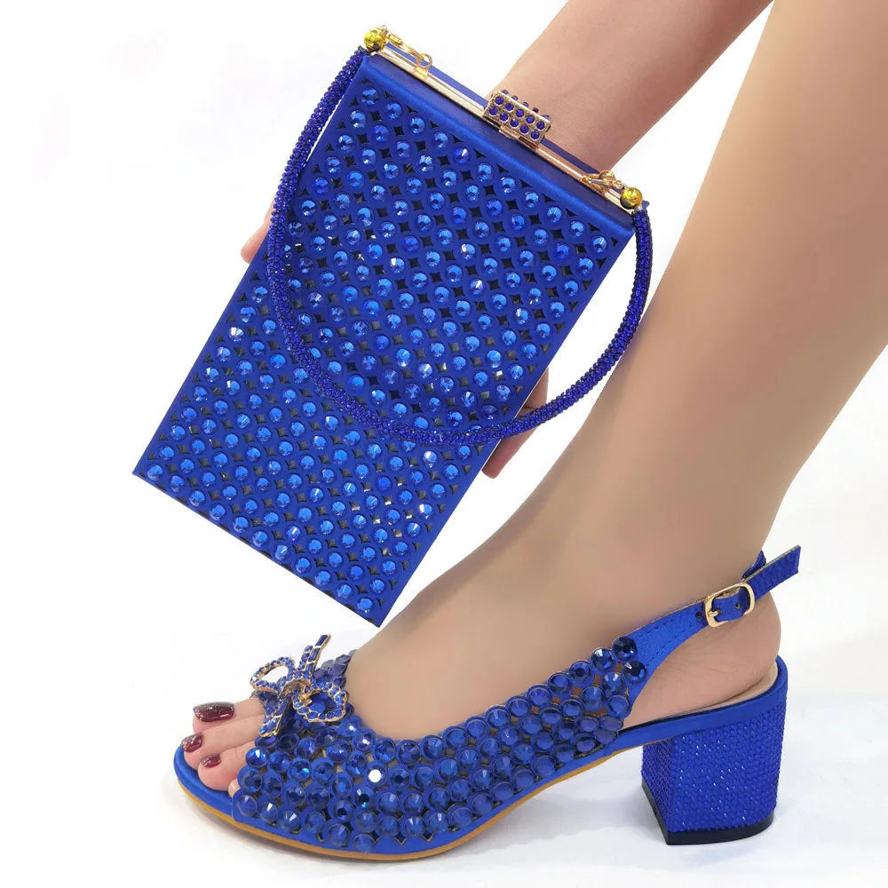 Italian Design Full Drill Elegant Wine Evening High Heels Wedding Party Shoes Matching Clutch Handbag