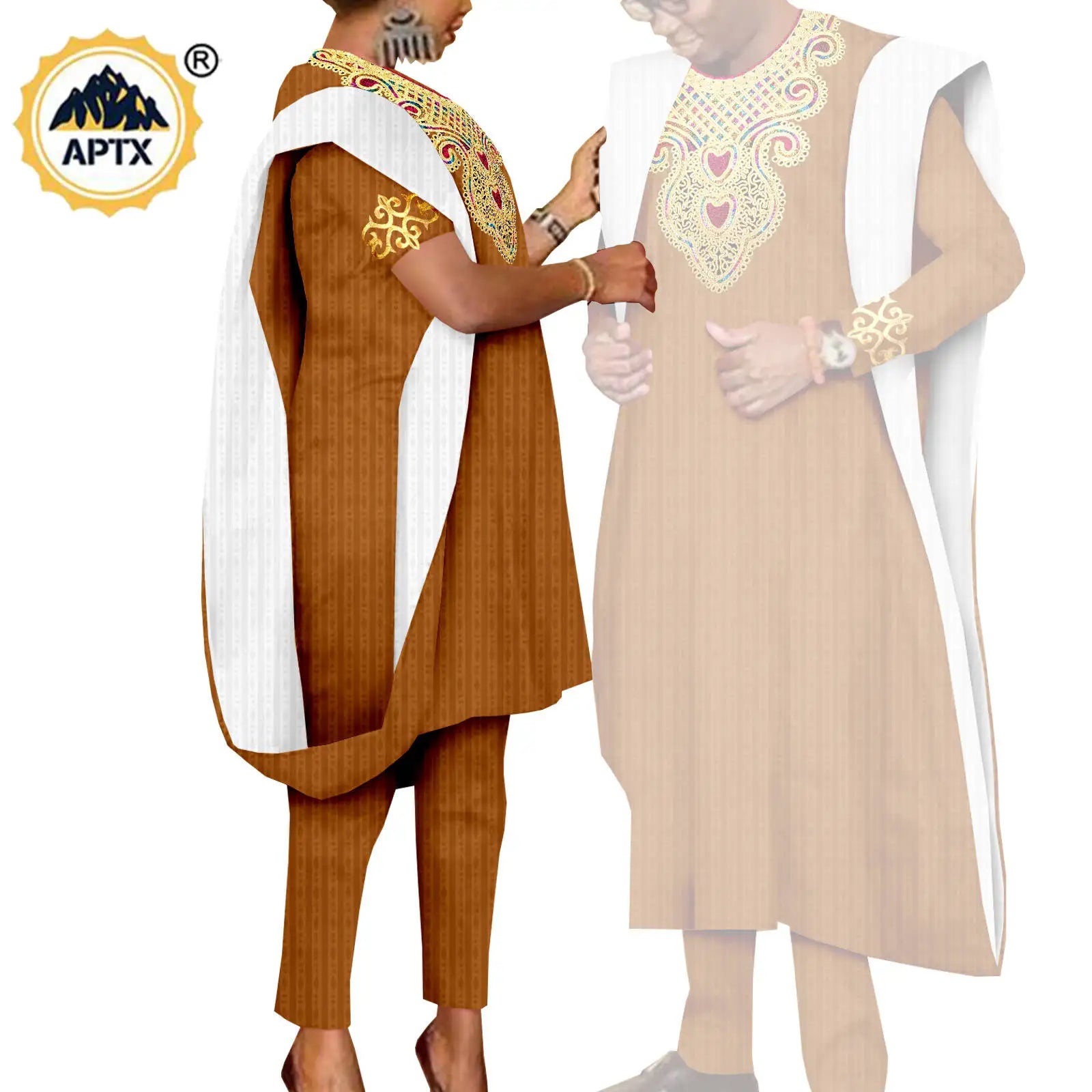 African 3 Pieces Suit for Men Matching Couple Outfits Agbada Dashiki Women Muslim Sets Bazin Riche Applique Robes Asoebi Y23C029